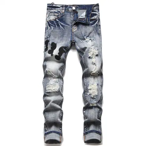AM Foreign Trade Style Punk Retro Blue Hole Slim Elastic Printing Dyeing Skinny Men's Jeans on BoonBuy