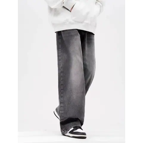 American High Street Retro Smoky Gray Elastic Waist Jeans, Loose Straight Wide-Leg Drape Pants on BoonBuy