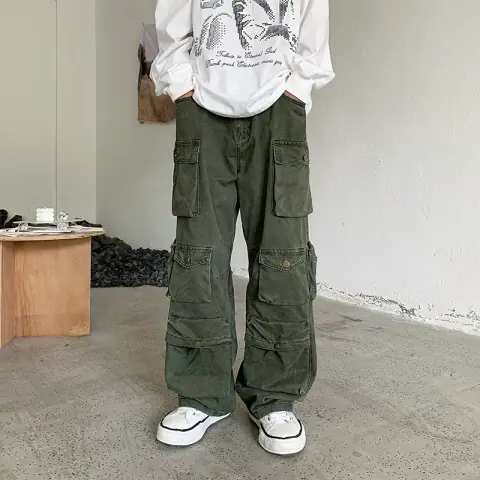American Hiphop Heavy Duty Functional Style Multi-Pocket Overalls for Men Autumn Design Niche Trendy Wide-Leg Trousers on BoonBuy