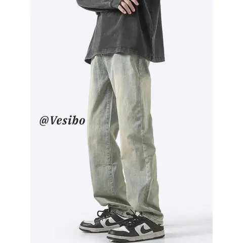 American Jeans Men's Washed Distressed Retro Yellow Mud Dyed Versatile Pants Summer Trendy High Street Loose Straight Pants on BoonBuy