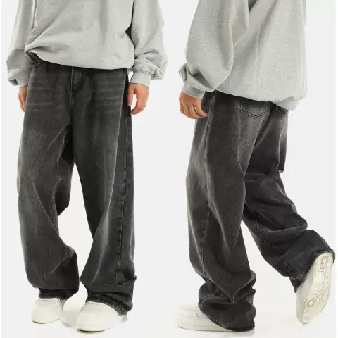 American Retro Smoky Gray Elastic Waist Jeans, Loose Straight Wide-Leg Drape Pants, Trendy Brand on BoonBuy