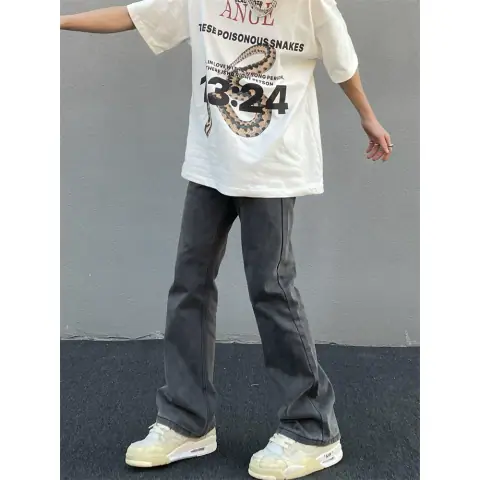 American Retro Washed Gray Straight Slim Jeans Men's Trend Vibe Style High Street Slim Flared Pants Ins on BoonBuy