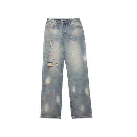 American Street Vibe Style Splash-Ink Washed Distressed High Street Ripped Jeans Ins Men and Women Loose Straight Trousers on BoonBuy