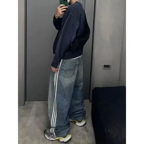American-style 23SS Washed Striped Wide-Leg Jeans Men's Three Bars High Street Fashion Brand Loose Straight All-Matching Wide-Leg Pants on BoonBuy