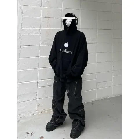 Be Different Apple Embroidery Washed Distressed Loose Silhouette Hooded Sweatshirt Show Style Two-Piece Hoodie on BoonBuy