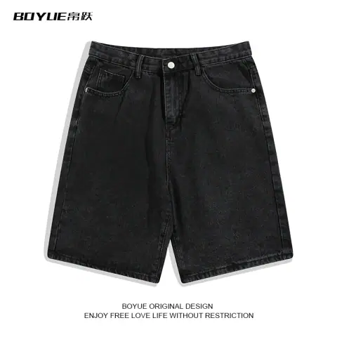 Boyue Summer Casual Solid Color Denim Shorts Men's High Street Five-Point Straight Pants Trendy Brand Ins Handsome Loose on BoonBuy