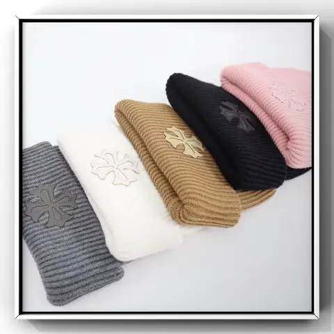 CH Leather Cross Logo Hat Leather Label Cross Two-Fold Knitted Wool Hat Beanie Melon Skin Hat on BoonBuy