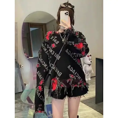Crazy Xiao Yangge Old Hole Knitted Trendy Retro Sweater Lazy Style Pullover Unisex Sweater on BoonBuy