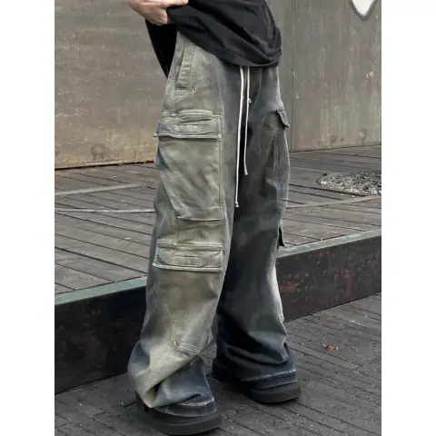 Different From the RO23SS Washed Gradient Blue Mopping Flared Multi-Pocket Work Jeans on the Market on BoonBuy