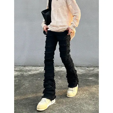 Erosion Damaged Raw Edge Vintage Jeans Men Ins Trendy Brand American High Street Straight Slim Flared Trousers on BoonBuy