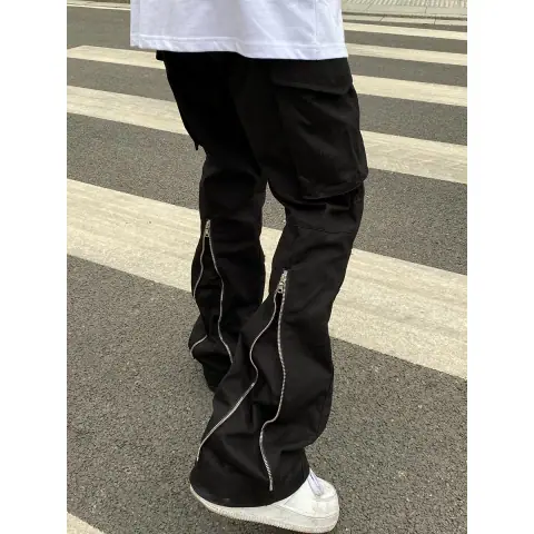 European and American High Street Vibe Style Pants Black Pocket Zipper Flared Pants Ins Trendy Straight Overalls Men's Summer Slightly Elastic on BoonBuy