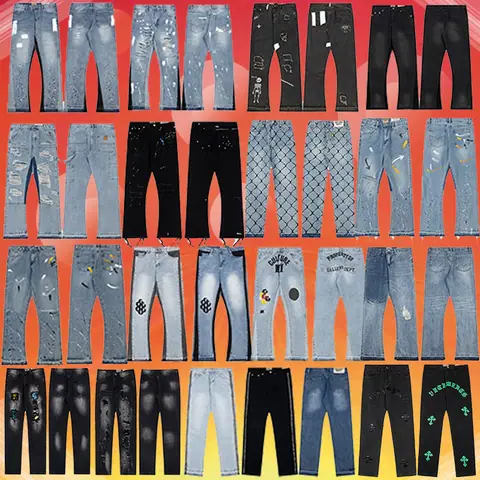 Foreign Single Gallery Dept Ink Graffiti Micro-Flared Stitching Ripped Casual Loose Jeans Long Pants Trendy on BoonBuy