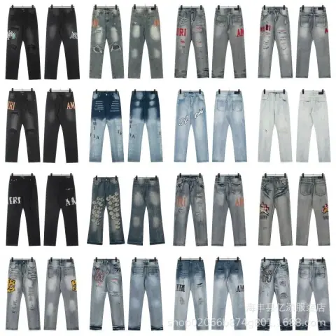 Foreign Trade Am American High Street Ripped Patch Letter Embroidery Washed Slim Straight Leg Jeans Trousers 39 on BoonBuy