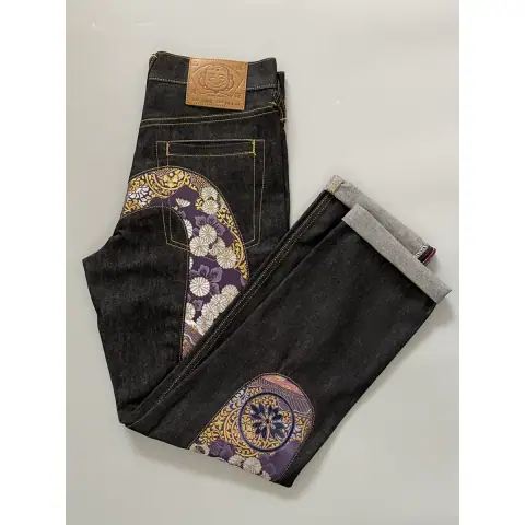 : Fukushin Jeans Men's Straight Leg Trendy Brand Large M Purple Brocade Jacquard Embroidered Trendy Pants on BoonBuy