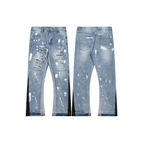 Glery Dpt Retro Distressed Ink-Splashed High Street Vibe Straight Wide-Leg Jeans on BoonBuy