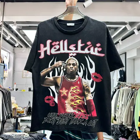 Heavy American Rodman Print Trendy T-shirt for Summer Men and Women Loose Hip-Hop Retro Distressed Double Collar Short Sleeves on BoonBuy