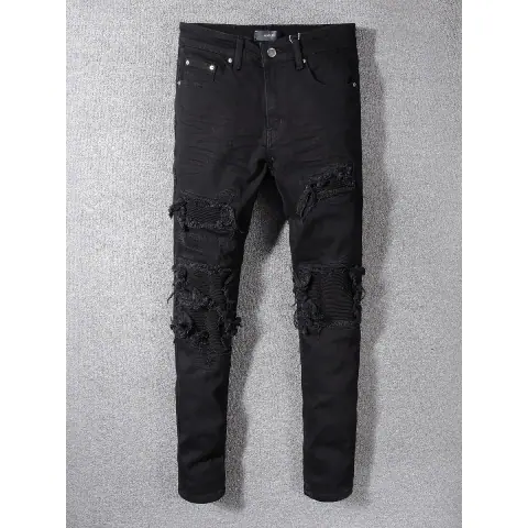 High Street Fashion Brand Amr Black Jeans Men's Scratched Holes Patch Beggar Pants Elastic Slim Fit Skinny Pants on BoonBuy