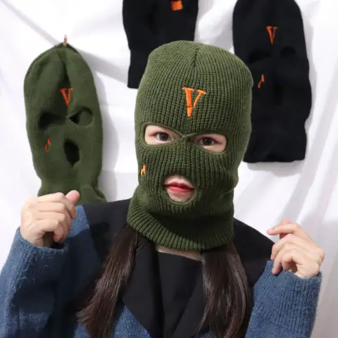 Hip-hop V Personality Embroidered Teardrop Three-Hole Hat Winter Warm Knitted Head Hat Men and Women Outdoor Cycling Cold-Proof Mask on BoonBuy