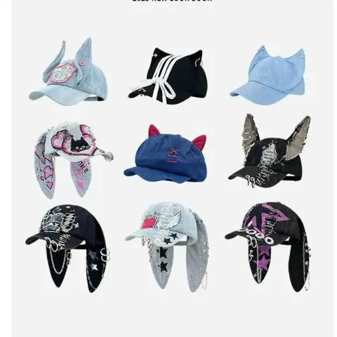 Korean Newjeans Rabbit Ears Washed Hole Denim Baseball Cap Female Hip Hop Hot Girl Street Style Peaked Cap 27 on BoonBuy