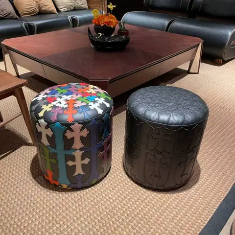 Limited Edition Handmade Heavy-Duty Lychee Leather Cross Collage Round Sofa Coffee Table Stool Pier Shoe Bench on BoonBuy