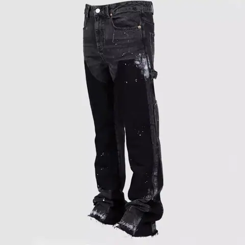 Men's Denim Overalls European and American Fashion Ins Overalls Hot-Selling Elastic Patch Denim Layered Flared Pants on BoonBuy