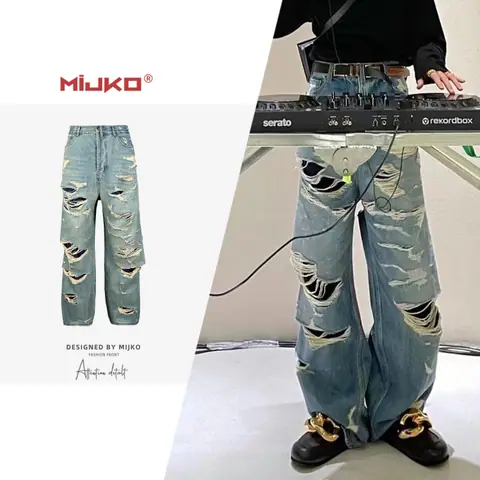Mijko Men's and Women's Double-Layer Tassels Destroyed Beggar Style Men's and Women's Destroyed Ripped Jeans Handsome on BoonBuy