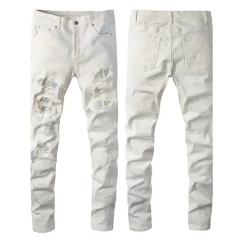 New European and American High Street Internet Celebrity Brand Hot Diamond Patch Hole Elastic Slim Fit White Skinny Jeans for Men on BoonBuy