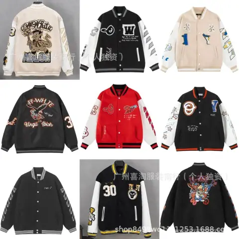 OF Home 25SS Autumn and Winter New OW Letter Pattern Leather Towel Embroidered Baseball Uniform Men's and Women's Jackets 19 on BoonBuy
