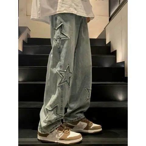 Pentagram Jeans Men's Summer American High Street 2024 New Trendy Straight Loose Wide-Leg Trendy Pants on BoonBuy