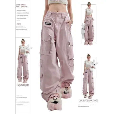 Rayohopp Pink Overalls Women's Summer Dopamine Wear Dance Trendy Brand Pocket Decoration Straight Casual Pants on BoonBuy