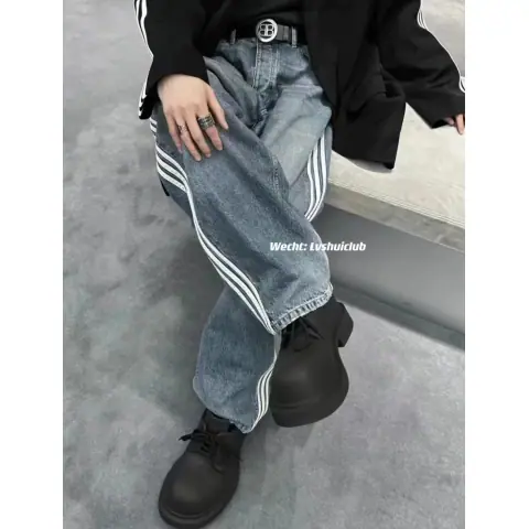 Ready Stock Independent 23SS Joint Show Striped Stitching Washed Silhouette Jeans on BoonBuy