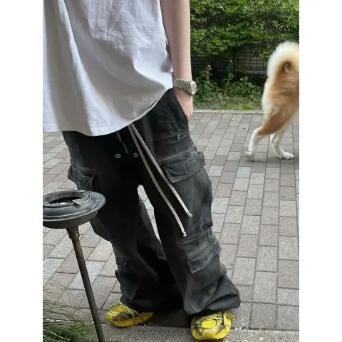 Ro Acbt Washed Smoke Gray Gradient Multi-Pocket Workwear Straight Casual Drawstring Wide-Leg Flared Jeans Men on BoonBuy