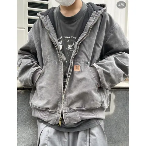 Second-Hand J130 Card @Carha Washed Distressed Hooded Zipper Jacket Loose Cotton Coat on BoonBuy