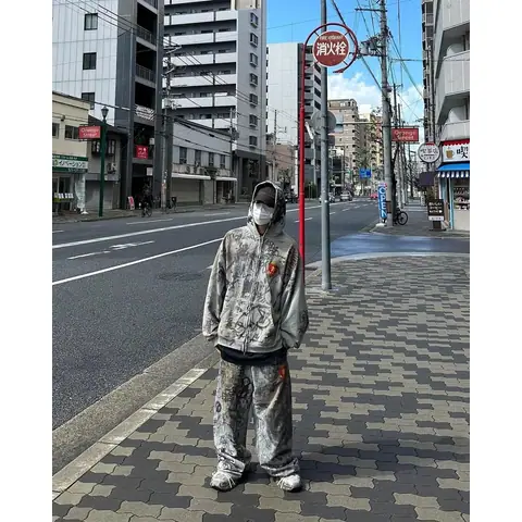 Spot/B Mud Show Skater Graffiti Mud Dyed Old Destruction Hand-Painted Graffiti Zipper Hooded Sweatshirt Baggy Sweatpants Suit on BoonBuy
