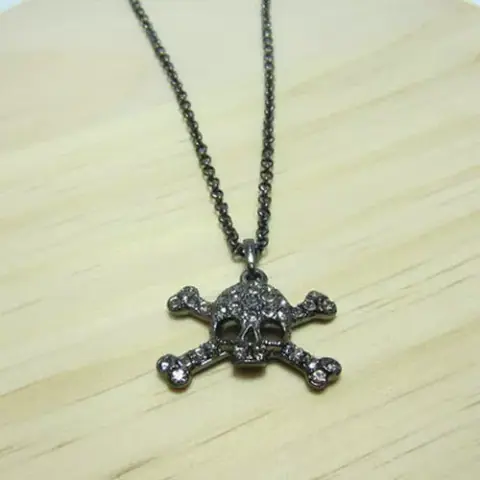 Titanium Black Full Diamond Small Skull Double Bone Saturn NECKLACE-B8103 on BoonBuy