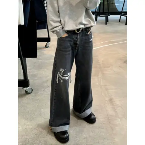 Y/project Designer 23S Washed Black and Gray Jeans with Holes, Wide-Leg and Slightly Flared Casual Trousers on BoonBuy